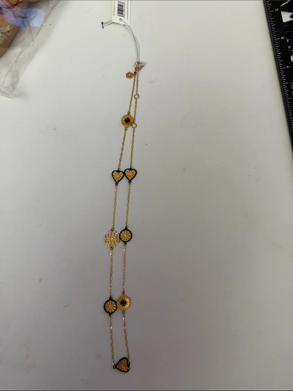 Tory Burch Gold Chain Necklace with Yellow and Black Heart & Medallion Accents